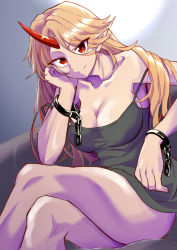 Rule 34 | 1girl, absurdres, alternate costume, black dress, blonde hair, breasts, chain, cleavage, closed mouth, commentary request, crossed legs, cuffs, dress, eyes visible through hair, feet out of frame, fugaku (miko no miyatsuguchi), hair between eyes, head rest, highres, horns, hoshiguma yuugi, large breasts, long hair, looking at viewer, pointy ears, red eyes, single horn, sitting, smile, solo, star (symbol), strap slip, touhou