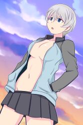 Rule 34 | 1girl, black skirt, blue eyes, blue jacket, breasts, cloud, cloudy sky, frown, girls und panzer, grey hair, groin, hands in pockets, jacket, keizoku military uniform, long sleeves, looking at another, medium breasts, microskirt, military uniform, navel, no bra, no shirt, open mouth, outdoors, pleated skirt, raglan sleeves, short hair, skirt, sky, solo, standing, tanaka rikimaru, track jacket, twilight, uniform, youko (girls und panzer)