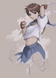 Rule 34 | 1girl, absurdres, ahoge, arm up, blue skirt, breasts, brown eyes, brown hair, closed mouth, commentary request, gloves, grey background, hands up, headband, highres, kasugano sakura, lips, looking at viewer, medium breasts, midriff, navel, pleated skirt, puffy short sleeves, puffy sleeves, sailor collar, school uniform, short hair, short sleeves, simple background, skirt, solo, stomach, street fighter, street fighter zero (series), tyanoki, upper body, white headband