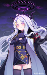 Rule 34 | 1girl, belt, black gloves, blue archive, blush, braid, coat, coat on shoulders, crossed arms, forehead, gloves, hair ornament, hairclip, halo, highres, hina (blue archive), horns, long hair, looking at viewer, parted bangs, pencil skirt, purple eyes, purple thighhighs, shirakawafel, skirt, slit pupils, solo, thighhighs, twin braids, very long hair, white hair
