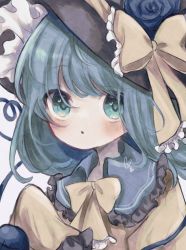 Rule 34 | 1girl, black hat, blue flower, blue rose, blush, bow, bowtie, dorowa (drawerslove), flower, frilled sleeves, frills, green eyes, green hair, hat, hat bow, heart, heart of string, highres, komeiji koishi, long sleeves, looking at viewer, open mouth, rose, short hair, simple background, solo, third eye, touhou, upper body, white background, yellow bow, yellow bowtie