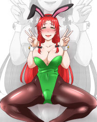 Rule 34 | 1girl, adapted costume, alternate costume, animal ears, black pantyhose, blush, bow legged, braid, breasts, breasts squeezed together, cameltoe, cleavage, collarbone, covered navel, double v, embarrassed, green eyes, hair ribbon, highres, hong meiling, large breasts, leotard, lips, long hair, looking at viewer, pantyhose, parted bangs, parted lips, playboy bunny, rabbit ears, red hair, ribbon, shiraue yuu, side braids, simple background, solo, spread legs, squatting, sweatdrop, tareme, touhou, tress ribbon, twin braids, v, white background, wrist cuffs, zoom layer