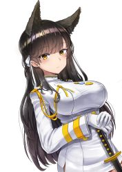 Rule 34 | 1girl, absurdres, animal ears, atago (azur lane), azur lane, bad id, bad pixiv id, black hair, blush, breasts, brown eyes, closed mouth, gloves, gui ss, hair ornament, hair ribbon, highres, large breasts, long hair, long sleeves, looking at viewer, medal, military, military uniform, miniskirt, mole, mole under eye, own hands together, ribbon, sidelocks, simple background, skirt, solo, swept bangs, uniform, upper body, white background, white ribbon