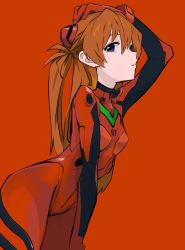 Rule 34 | 1girl, arm up, blue eyes, brown hair, closed mouth, commentary, daydremec, gloves, hand on own head, highres, long hair, looking at viewer, neon genesis evangelion, plugsuit, red background, red gloves, simple background, solo, souryuu asuka langley, turtleneck, twintails
