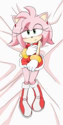 Rule 34 | 1girl, amy rose, animal nose, bare shoulders, bed sheet, blush, body fur, boots, breasts, closed mouth, dakimakura (medium), dress, dress tug, embarrassed, female focus, from above, full body, furry, furry female, gloves, green eyes, hairband, half-closed eyes, hand up, knee boots, knees together feet apart, looking at viewer, lying, miwa (ahyuck), on back, panties, panty peek, pigeon-toed, pink fur, pink hair, red dress, red footwear, red hairband, short dress, short hair, sidelocks, sideways mouth, sleeveless, sleeveless dress, small breasts, solo, sonic (series), two-tone fur, underwear, white background, white gloves, white panties, yellow fur