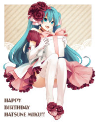 Rule 34 | 1girl, aqua eyes, aqua hair, bad id, bad pixiv id, bow, choker, dress, elbow gloves, flower, gift, gloves, hair bow, hair flower, hair ornament, hatsune miku, holding, holding gift, legs, long hair, shimoe, sitting, smile, solo, thighhighs, twintails, very long hair, vocaloid
