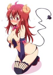 Rule 34 | 1girl, ahoge, black panties, black thighhighs, blush, bow, bowtie, breasts, brown eyes, brown hair, butt crack, cleavage, closed mouth, demon girl, demon horns, demon tail, embarrassed, highres, horns, kneeling, large breasts, long hair, looking at viewer, machikado mazoku, mel (melty pot), navel, panties, red bow, red bowtie, simple background, solo, tail, thighhighs, underwear, wavy mouth, white background, yoshida yuuko (machikado mazoku)