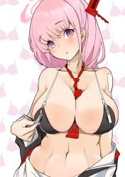Rule 34 | 1girl, absurdres, bandaid, bandaid on shoulder, bare shoulders, between breasts, bikini, black bikini, blue archive, blush, breast zipper, breasts, cleavage, collarbone, commentary, eimi (blue archive), groin, hair ornament, halo, head tilt, highres, jacket, large breasts, long hair, looking at viewer, multicolored clothes, multicolored jacket, navel, necktie, necktie between breasts, off shoulder, open clothes, open shirt, p.i.t.d, parted lips, pink eyes, pink hair, purple eyes, red necktie, solo, standing, stomach, swimsuit, two-tone jacket, unbuttoned, unbuttoned shirt, zipper, zipper bikini, zipper pull tab