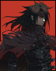Rule 34 | 1boy, belt, bl4ck choco, black hair, buckle, cloak, commentary, final fantasy, final fantasy vii, headband, highres, long hair, looking ahead, messy hair, pale skin, red background, red eyes, square enix, vincent valentine