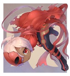 Rule 34 | 1girl, ahoge, ass, bent over, boots, bound, bound torso, character request, commentary request, dark-skinned female, dark skin, full body, half mask, looking at viewer, mask, one eye covered, open mouth, red eyes, red ribbon, ribbon, sankuma, short hair, solo, tentacles, thigh boots, ultra kaijuu gijinka keikaku, ultra series, white hair
