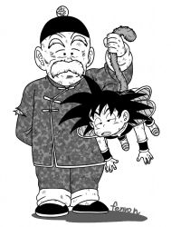 Rule 34 | 2boys, arm behind back, armor, artist name, black hair, black headwear, chibi, chinese clothes, commentary request, d:, dirty, dirty clothes, dirty face, dragon ball, dragon ball minus, exhausted, facial hair, fenyon, fingernails, full body, grandfather and grandson, grandpa gohan, greyscale, half-closed eyes, hanging, hat, holding another&#039;s tail, male focus, monkey tail, monochrome, multiple boys, mustache, old, old man, open mouth, shadow, simple background, son goku, spiked hair, standing, tail, tail grab, thick eyebrows, white background, wrinkled skin