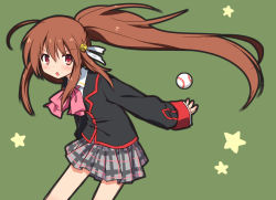 Rule 34 | 1girl, ahoge, baseball, bell, blush, bow, green background, hair ornament, little busters!, long hair, long sleeves, natsume rin, open mouth, plaid, plaid skirt, ponytail, red eyes, school uniform, shenbei xiaoqiu, simple background, skirt, solo, star (symbol)