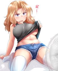 Rule 34 | 1girl, arm support, black shirt, blonde hair, blue eyes, blue shorts, blurry, blurry foreground, breasts, cutoffs, denim, denim shorts, depth of field, electric fan, frown, girls und panzer, hair intakes, half-closed eyes, highres, kay (girls und panzer), kitayama miuki, large breasts, leaning back, long hair, micro shorts, motion lines, navel, no bra, open mouth, saunders military uniform, shadow, shirt, shorts, sitting, solo, sweat, tank top, thighhighs, translated, underboob, v-shaped eyebrows, wariza, white background, white thighhighs