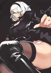 Rule 34 | 1girl, black background, black thighhighs, blindfold, breasts, chromatic aberration, evan yang, medium breasts, nier (series), nier:automata, panties, short hair, simple background, sketch, solo, thick thighs, thighhighs, thighs, underwear, white hair, white panties, 2b (nier:automata)