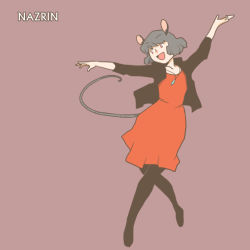 Rule 34 | 1girl, alternate costume, animal ears, arm up, black jacket, black pantyhose, character name, commentary request, dancing, dress, full body, grey hair, hand up, jacket, jewelry, mouse ears, mouse tail, nazrin, onikobe rin, open mouth, outstretched arm, pantyhose, pendant, red dress, red eyes, short hair, simple background, smile, solo, tail, touhou