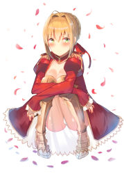 Rule 34 | 10s, 1girl, blonde hair, blush, breasts, cleavage, fate/extra, fate (series), hair intakes, hair ribbon, hugging own legs, looking at viewer, medium breasts, miamuly, nero claudius (fate), nero claudius (fate) (all), nero claudius (fate/extra), panties, petals, red ribbon, ribbon, see-through, shiny skin, short hair, sidelocks, simple background, sitting, smile, solo, underwear, white background, white panties