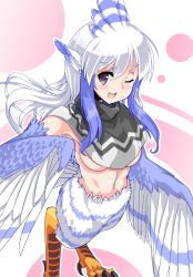 Rule 34 | 1girl, blue feathers, blue hair, blue wings, blush, borrowed character, breasts, commentary request, feather hair, feathered wings, feathers, harpy, highres, kawasumi (tk2k jade), long hair, monster girl, multicolored hair, navel, one eye closed, open mouth, original, pointy ears, purple eyes, sidelocks, simple background, solo, talons, two-tone hair, underboob, white feathers, white hair, winged arms, wings