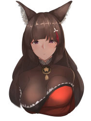 Rule 34 | 1girl, amagi (azur lane), animal ears, azur lane, blunt bangs, breasts, brown hair, choker, fox ears, hair ornament, highres, japanese clothes, kimono, large breasts, long hair, looking at viewer, parted lips, purple eyes, simple background, solo, thick eyebrows, white background, yusha m
