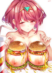 Rule 34 | 1girl, absurdres, blush, breasts, burger, cheese, collarbone, completely nude, cup, disposable cup, earrings, food, food on body, food on breasts, highres, jewelry, large breasts, looking at viewer, nipples, nude, parted lips, pyra (xenoblade), red eyes, red hair, short hair, solo, tiara, upper body, xenoblade chronicles (series), xenoblade chronicles 2