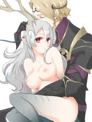 Rule 34 | 1boy, 1girl, armor, bad id, bad pixiv id, blonde hair, breasts, circlet, closed eyes, clothed male nude female, corrin (female) (fire emblem), corrin (fire emblem), couple, cuddling, dragon girl, dragon horns, fire emblem, fire emblem fates, hetero, horns, hug, hug from behind, long hair, looking at viewer, medium breasts, nintendo, nipples, nude, pointy ears, red eyes, robaco, short hair, silver hair, simple background, white background, xander (fire emblem)