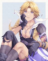 Rule 34 | 1boy, absurdres, arm guards, armor, asymmetrical legwear, black gloves, black overalls, black shorts, blitzball, blonde hair, blue background, blue eyes, blush, border, chain, chain necklace, collarbone, feet out of frame, final fantasy, final fantasy x, gloves, hand on own cheek, hand on own face, highres, hood, hood down, hoodie, jewelry, looking at viewer, lyric (hina9111), male focus, musical note, necklace, overalls, parted bangs, pectorals, short hair, shorts, shoulder armor, sitting, solo, tidus, torn clothes, torn shorts, yellow hoodie