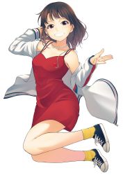 Rule 34 | 1girl, absurdres, bra strap, breasts, brown eyes, brown hair, commentary request, dress, earphones, full body, grin, highres, jacket, jewelry, looking at viewer, medium breasts, medium hair, nanotsuki, necklace, real life, red dress, saitou shuka, shoes, single earphone removed, sleeveless, sleeveless dress, smile, solo, voice actor, white jacket, yellow legwear