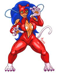 Rule 34 | 1girl, aaronhibiki, aisha clanclan, alternate costume, animal ears, animal hands, big hair, blue hair, bodysuit, breasts, capcom, cat ears, cat girl, cat paws, cat tail, claws, cosplay, fangs, felicia (vampire), fictional persona, firecat, green eyes, highres, huge breasts, large breasts, long hair, narrow waist, open mouth, outlaw star, slit pupils, smile, solo, tail, thick thighs, thighs, vampire (game), wide hips, wrestler, wrestling, wrestling outfit, xxxhibiki
