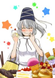 Rule 34 | 1girl, ^ ^, bad id, bad pixiv id, blush, cake, cake slice, checkerboard cookie, closed eyes, cookie, cream puff, cupcake, eating, female focus, food, food on face, fruit, grey hair, hat, japanese clothes, mononobe no futo, pastry, ponytail, pudding, simple background, solo, star (symbol), strawberry, tate eboshi, thumbprint cookie, touhou, white background, zetsumame