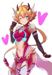 Rule 34 | 1girl, animal print, bad id, bad twitter id, bangle, bare shoulders, black gloves, blonde hair, blue eyes, blush, bracelet, breasts, cleavage, cleavage cutout, clothing cutout, cowboy shot, dress, earrings, elbow gloves, gloves, highres, horns, jewelry, kora (xenoblade), looking at viewer, medium breasts, microdress, mokki, navel, nintendo, one eye closed, pointy ears, short hair, smile, solo, xenoblade chronicles (series), xenoblade chronicles 2, zebra print