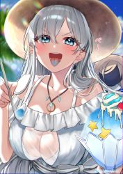 Rule 34 | 1girl, anastasia (fate), anastasia (swimsuit archer) (fate), anastasia (swimsuit archer) (first ascension) (fate), bare shoulders, blue dress, blue eyes, blush, bracelet, breasts, collarbone, doll, dress, earrings, eyes visible through hair, fate/grand order, fate (series), food, hair over one eye, hat, highres, holding, holding spoon, jewelry, large breasts, long hair, looking at viewer, necklace, pendant, shaved ice, silver hair, smile, spoon, straw hat, tongue, tongue out, very long hair, viy (fate), yayoi maka