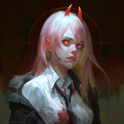 Rule 34 | 1girl, black necktie, blood, blood on clothes, blood on face, chainsaw man, collared shirt, commentary, cross-shaped pupils, demon horns, english commentary, highres, horns, jacket, long hair, looking at viewer, necktie, oliver wetter, open clothes, open jacket, orange eyes, parted lips, photoshop (medium), pink hair, portrait, power (chainsaw man), realistic, red horns, sharp teeth, shirt, solo, symbol-shaped pupils, teeth, white shirt