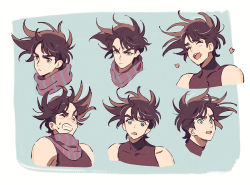 Rule 34 | angry, bare shoulders, battle tendency, brown hair, character sheet, expressions, green eyes, happy, heart, jojo no kimyou na bouken, joseph joestar, joseph joestar (young), male focus, namihaya, purple scarf, scarf, sleeveless, sleeveless turtleneck, spiked hair, striped clothes, striped scarf, surprised, turtleneck, wince