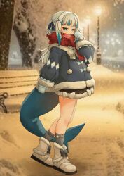 1girl bare_legs blue_eyes blue_hair blue_jacket blue_ribbon blunt_bangs boots bow commentary english_commentary fins fish_tail full_body fur-trimmed_sleeves fur_trim gawr_gura gawr_gura_(6th_costume) grey_socks hair_ornament hair_ribbon highres hololive hololive_english jacket long_sleeves looking_at_viewer mittens multicolored_hair night official_alternate_costume official_alternate_hair_length official_alternate_hairstyle outdoors pom_pom_(clothes) puffy_long_sleeves puffy_sleeves red_scarf ribbon scarf shark_girl shark_tail smile snow snowing socks solo standing streaked_hair superfann tail virtual_youtuber white_bow white_footwear white_hair winter x_hair_ornament