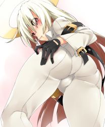 Rule 34 | 1girl, ass, bodysuit, candy, spiked halo, food, from below, gradient background, guilty gear, guilty gear xrd, guilty gear xrd: revelator, halo, highres, huge ass, jack-o&#039; valentine, kochiya (gothope), lollipop, long hair, looking at viewer, pantylines, red eyes, solo, white hair