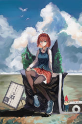 Rule 34 | 1girl, absurdres, bad id, bad pixiv id, bird, blue eyes, cloud, day, garden gnome, highres, igugugugu, pantyhose, red hair, school uniform, seagull, shoes, sign, sitting, sneakers, solo, toilet paper