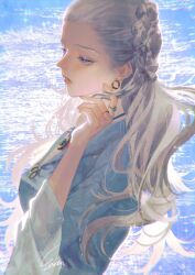 Rule 34 | 1girl, a song of ice and fire, blue background, blue dress, blue eyes, braid, breasts, dress, earrings, grey hair, hair pulled back, half-closed eyes, hand in own hair, helaena targaryen, house of the dragon, jewelry, long hair, long sleeves, looking to the side, medium breasts, necklace, parted lips, ring, signature, upper body, water, wide sleeves, yan river