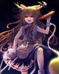 Rule 34 | 1girl, :d, absurdres, bad id, bad pixiv id, belt, blush, bow, chain, cuffs, cup, fang, frilled skirt, frills, gourd, hair bow, highres, holding, holding cup, horns, ibuki suika, long hair, open mouth, purple skirt, red belt, red bow, sakazuki, shackles, shirt, sidelocks, skirt, sleeveless, sleeveless shirt, smile, solo, sp0i0ppp, torn clothes, torn sleeves, touhou, white shirt, wrist cuffs, yellow eyes