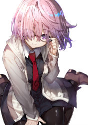 Rule 34 | 1girl, adjusting eyewear, black pantyhose, blush, breasts, eyebrows, eyes visible through hair, fate/grand order, fate (series), glasses, hair over one eye, highres, jacket, looking up, mash kyrielight, necktie, pantyhose, purple eyes, purple hair, shirabi, short hair, simple background, sitting, sketch, smile, solo, wariza, white background