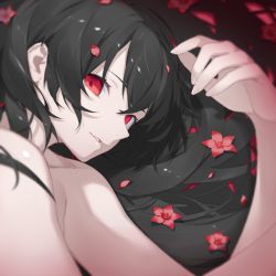 Rule 34 | 1girl, black hair, fhang, flower, focused, hand up, long hair, looking at viewer, lying, nude, on side, open mouth, original, petals, portrait, red eyes, reflection, shadow, solo