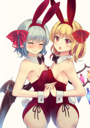 Rule 34 | 2girls, alternate costume, animal ears, bat wings, black wings, blonde hair, blush, breast press, breasts, closed eyes, cowboy shot, culter, detached collar, embarrassed, fake animal ears, female focus, fishnet pantyhose, fishnets, flandre scarlet, hair ribbon, highres, holding hands, interlocked fingers, leotard, light purple hair, looking at viewer, multiple girls, open mouth, pantyhose, playboy bunny, pointy ears, rabbit ears, rabbit tail, red eyes, red ribbon, remilia scarlet, ribbon, siblings, sideboob, simple background, sisters, small breasts, symmetrical docking, tail, tears, touhou, v-shaped eyebrows, wavy mouth, white background, wings, wrist cuffs, yuri