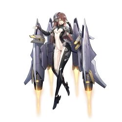 Rule 34 | 1girl, blunt bangs, blush, bodysuit, breasts, brown hair, full body, game cg, highres, jetpack, kakiman, last origin, long hair, looking at viewer, official art, one eye closed, open mouth, red eyes, sleipnir (last origin), small breasts, smile, solo, tachi-e, transparent background, wide hips
