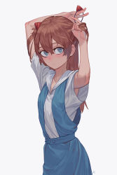 Rule 34 | 1girl, absurdres, adjusting hair, arms up, blue eyes, blush, brown hair, closed mouth, collarbone, eyelashes, fingernails, grey background, hair between eyes, highres, light blush, long hair, max-k, neon genesis evangelion, school uniform, signature, simple background, solo, souryuu asuka langley, tokyo-3 middle school uniform, twintails