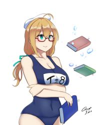 Rule 34 | 10s, 1girl, ahoge, blonde hair, blue eyes, book, breast hold, breast rest, breasts, cleavage, crossed arms, glasses, hair ribbon, hat, hayabusa, highres, i-8 (kancolle), kantai collection, large breasts, long hair, low twintails, name tag, one-piece swimsuit, red-framed eyewear, ribbon, school swimsuit, semi-rimless eyewear, smile, solo, swimsuit, twintails, twitter username, under-rim eyewear