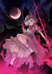 Rule 34 | 1girl, ascot, bat wings, blue hair, building, card, dress, fangs, female focus, flying, hat, highres, holding, holding card, kneehighs, loafers, magic circle, moon, nail polish, nanahara fuyuki, night, night sky, red eyes, remilia scarlet, revision, shoes, short hair, silhouette, sky, slit pupils, socks, solo, spear the gungnir, touhou, white socks, wings, wrist cuffs, wristband