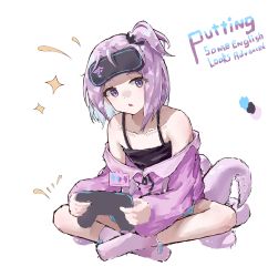 Rule 34 | 1girl, absurdres, arknights, black camisole, black scrunchie, camisole, controller, english text, female focus, game controller, hair ornament, hair scrunchie, highres, holding, jacket, kirara (arknights), long sleeves, looking at viewer, no shoes, off shoulder, one side up, parted lips, pink jacket, pink lips, puffy long sleeves, puffy sleeves, purple hair, scrunchie, socks, solo, sparkle, suction cups, tentacles, yigebukanpinduoduoderen