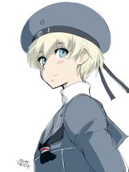 Rule 34 | 10s, 1girl, 2016, 4suke, artist name, blonde hair, blue eyes, blue hat, blue shirt, blush, buttons, closed mouth, clothes writing, dated, flat chest, hair between eyes, hat, kantai collection, long sleeves, looking away, looking to the side, neckerchief, sailor collar, sailor hat, shirt, short hair, simple background, smile, solo, turtleneck, upper body, white background, z1 leberecht maass (kancolle)