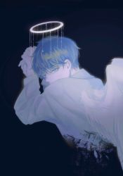 Rule 34 | 1boy, angel wings, blue background, blue eyes, blue hair, commentary, covered mouth, english commentary, feathered wings, halo, highres, kim dokja, long sleeves, looking at viewer, looking back, male focus, melting halo, omniscient reader&#039;s viewpoint, own hands together, pamelayzh26, shirt, short hair, simple background, solo, upper body, white shirt, white wings, wings