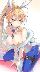 Rule 34 | 1girl, absurdres, animal ears, artoria pendragon (all), artoria pendragon (fate), artoria pendragon (swimsuit ruler) (fate), bare shoulders, between legs, blonde hair, blue necktie, blue pantyhose, blush, braid, breasts, cleavage, collar, collarbone, commentary request, detached collar, fake animal ears, fate/grand order, fate (series), green eyes, hair between eyes, hand between legs, high ponytail, highres, large breasts, leaning forward, leotard, long hair, looking at viewer, necktie, pantyhose, parted lips, playboy bunny, ponytail, rabbit ears, rabbit girl, rabbit tail, short necktie, sidelocks, solo, strapless, strapless leotard, tail, thigh strap, tiara, tomozero, very long hair, white collar, white leotard, wing collar, wrist cuffs