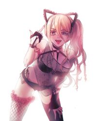 Rule 34 | :p, animal ears, asymmetrical legwear, bare shoulders, black choker, black gloves, black shirt, black shorts, black thighhighs, blonde hair, blue eyes, bracelet, braid, breasts, cat ears, choker, clothing request, collarbone, cowboy shot, danganronpa (series), danganronpa v3: killing harmony, fake animal ears, fangs, fingerless gloves, fishnet thighhighs, fishnets, gloves, gwanlamcha, hair between eyes, hand on own thigh, highres, iruma miu, jewelry, large breasts, leaning forward, long hair, looking at viewer, micro shorts, middle finger, mismatched legwear, o-ring, o-ring choker, o-ring top, open fly, open mouth, panties, see-through, shirt, shorts, side-tie panties, side ponytail, simple background, solo, spiked bracelet, spikes, thighhighs, tongue, tongue out, underwear, white background