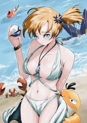 Rule 34 | beach, bikini, blue eyes, breasts, creatures (company), game freak, gen 1 pokemon, highres, krabby, looking at another, looking at viewer, magikarp, medium breasts, misty (pokemon), nintendo, orange hair, pokemon, pokemon (creature), pokemon rgby, psyduck, sawa d, side ponytail, starmie, sutunununu, swimsuit, wet